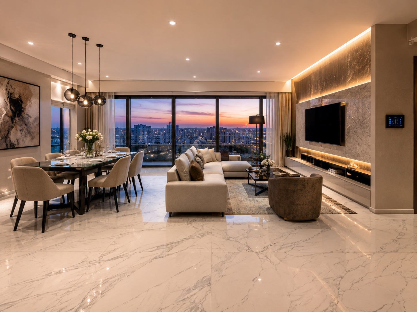 Italian marble flooring luxury living room interior at 37 Grand Baner Pune 3 BHK apartment